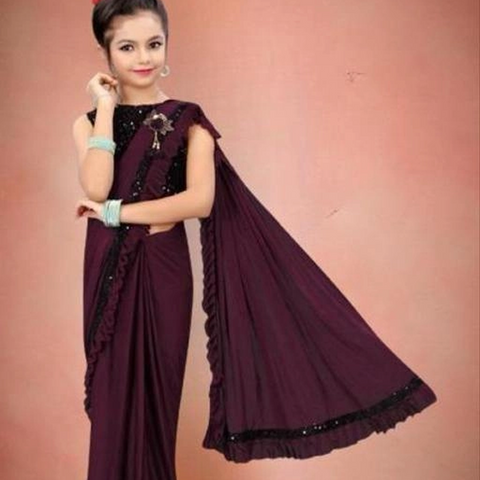👧 Lycra Solid Saree for Girls (Wine, 11–12 Years) 👧 Lycra Solid Saree for Girls (Wine, 11–12 Years)