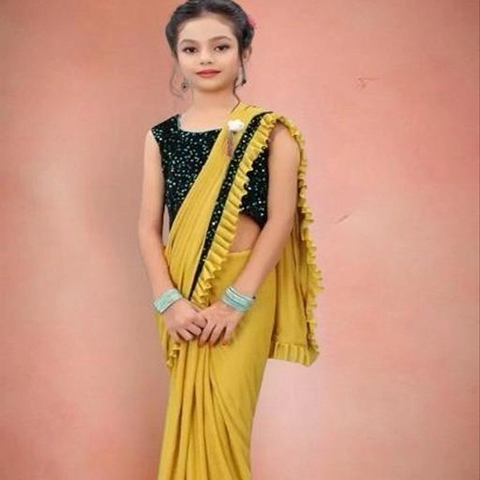 ๐ง Lycra Solid Saree for Girls (Mustard, 5โ6 Years) ๐ง Lycra Solid Saree for Girls (Mustard, 5โ6 Years)
