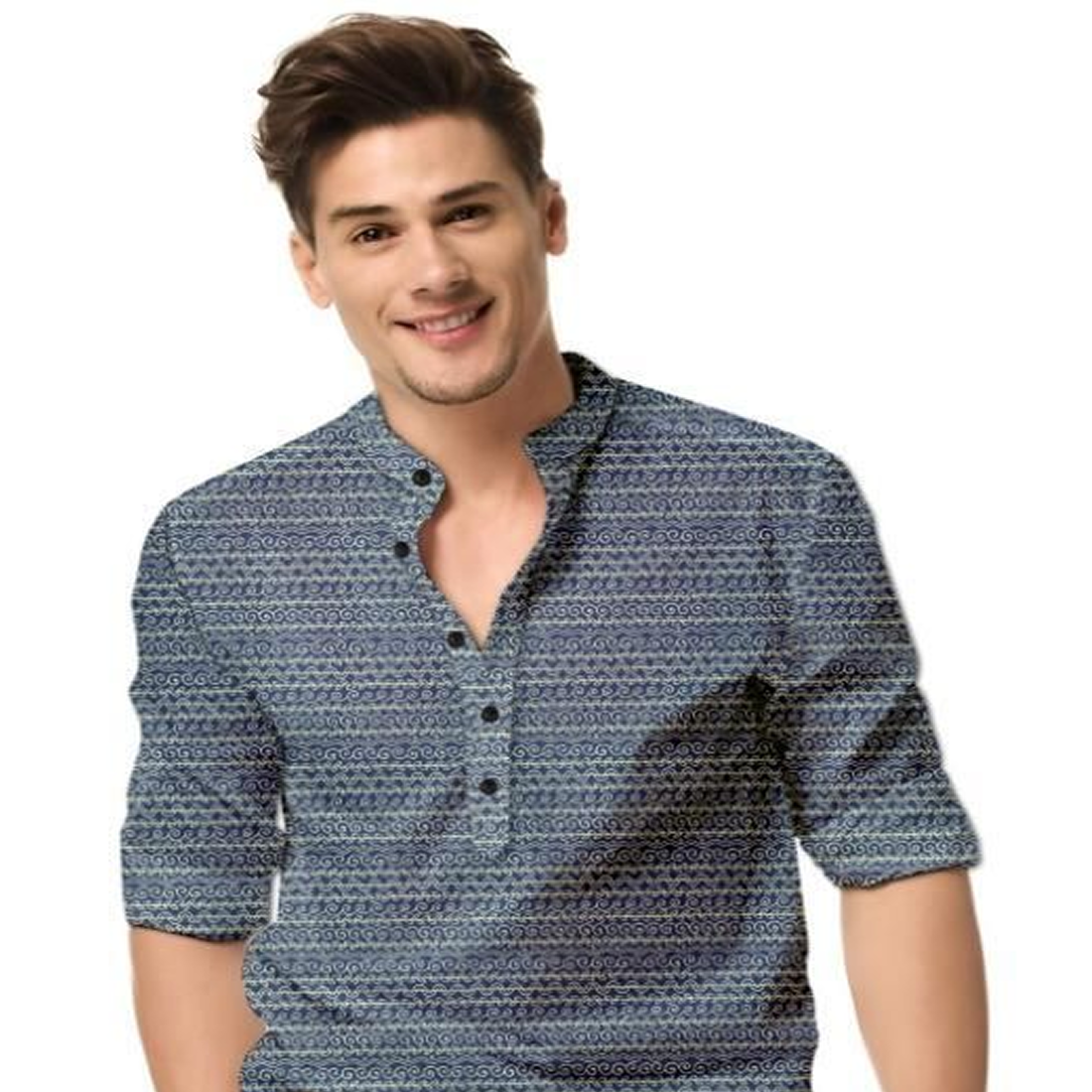 Men’s Printed Spread Collar Casual Shirt – Navy Blue Elegance