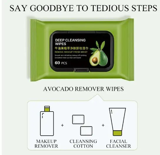 💚 Avocado Makeup Remover Wipes – Deep Cleansing & Nourishing (Pack of 60)