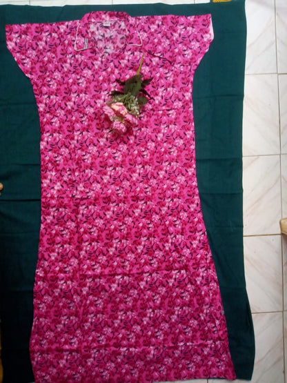 Pure Cotton Collar Nighty for Women – Zip Opening & Side Pocket | Suitable for Feeding Mothers