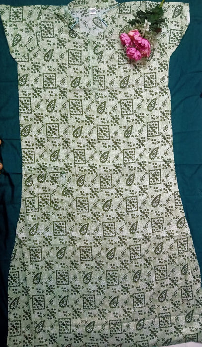 Pure Cotton Collar Nighty for Women – Zip Opening & Side Pocket | Suitable for Feeding Mothers