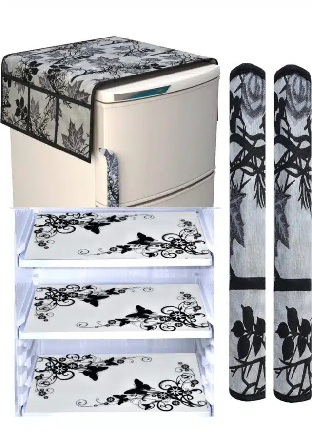 🧵 Knit Printed Fridge Mat & Cover Set (Multicolor, Set of 1)