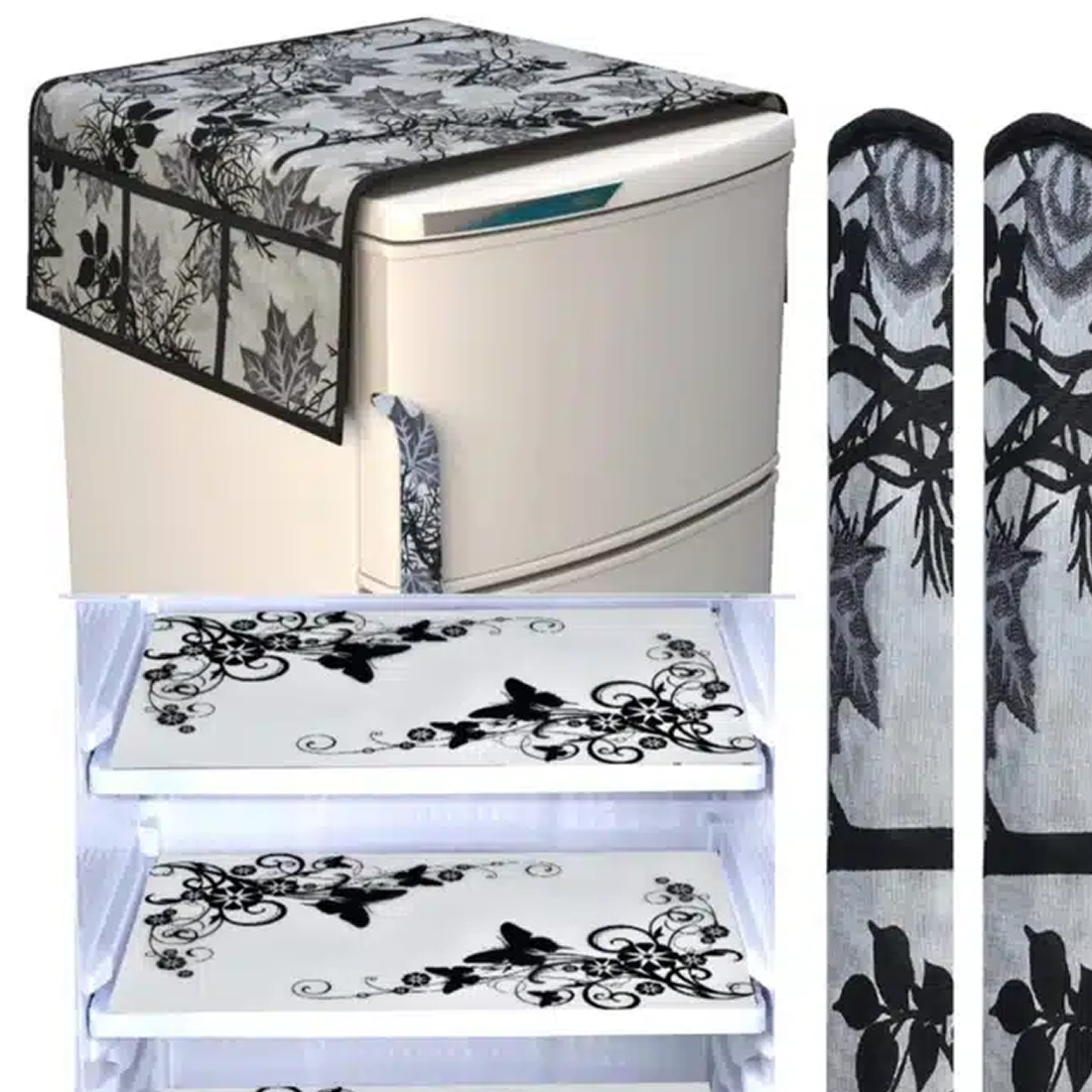 🧵 Knit Printed Fridge Mat & Cover Set (Multicolor, Set of 1)